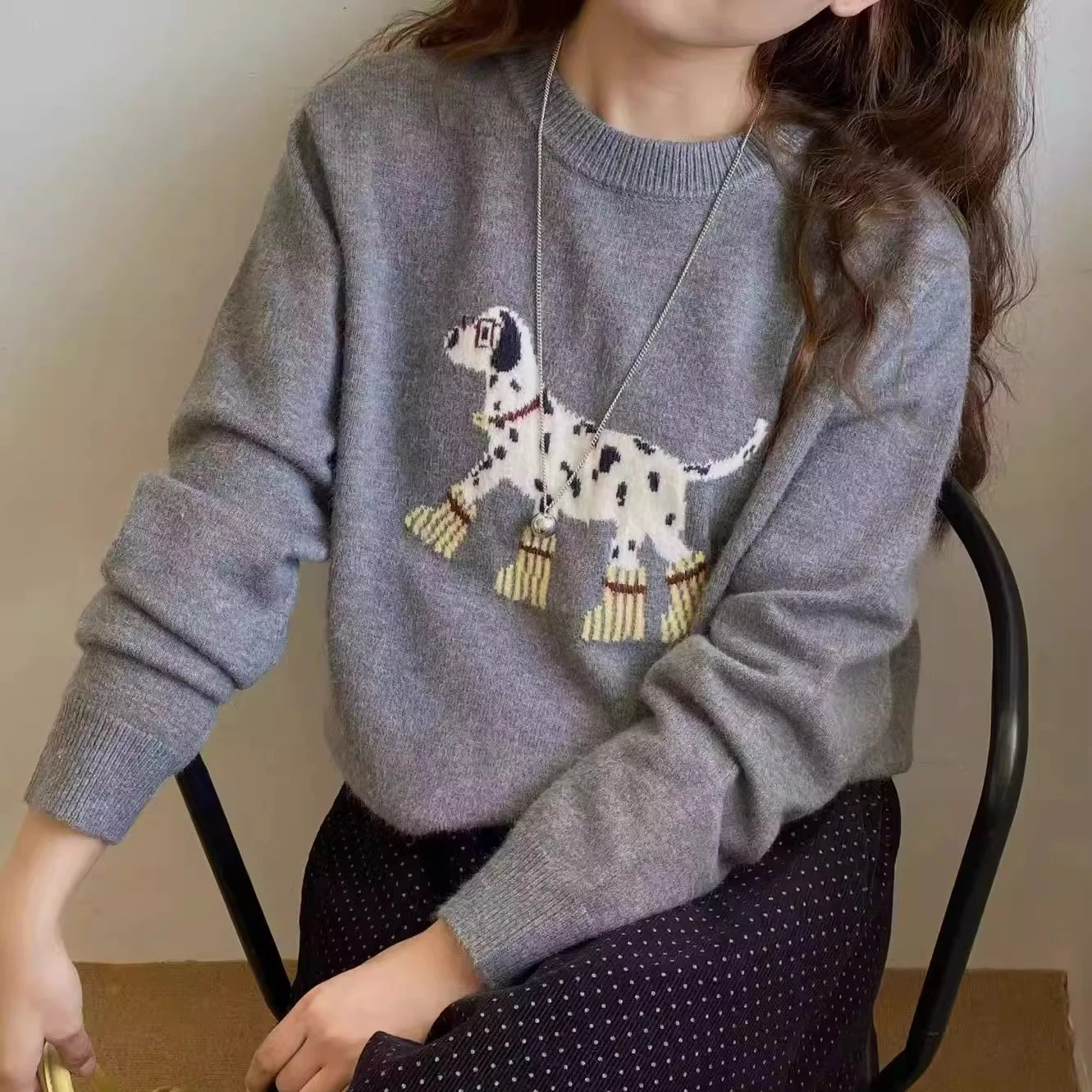 

Милый вязаный свитер с далматинским принтом для женщин, топ с круглым вырезом и длинными рукавами (серый/темно-синий), идеально подходит для осенне-зимней повседневной носки