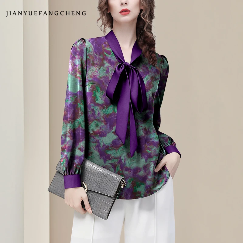 

Purple Floral Elegant Satin Blouse Women's Vintage Style Office Wear Loose Casual long-sleeve top for 2025 autumn.