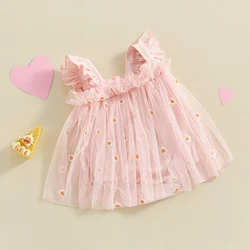 Infant Baby Girl Tutu Romper Dress Embroidery Daisy Bodysuit Square Neck Fly Sleeve Tulle Rompers