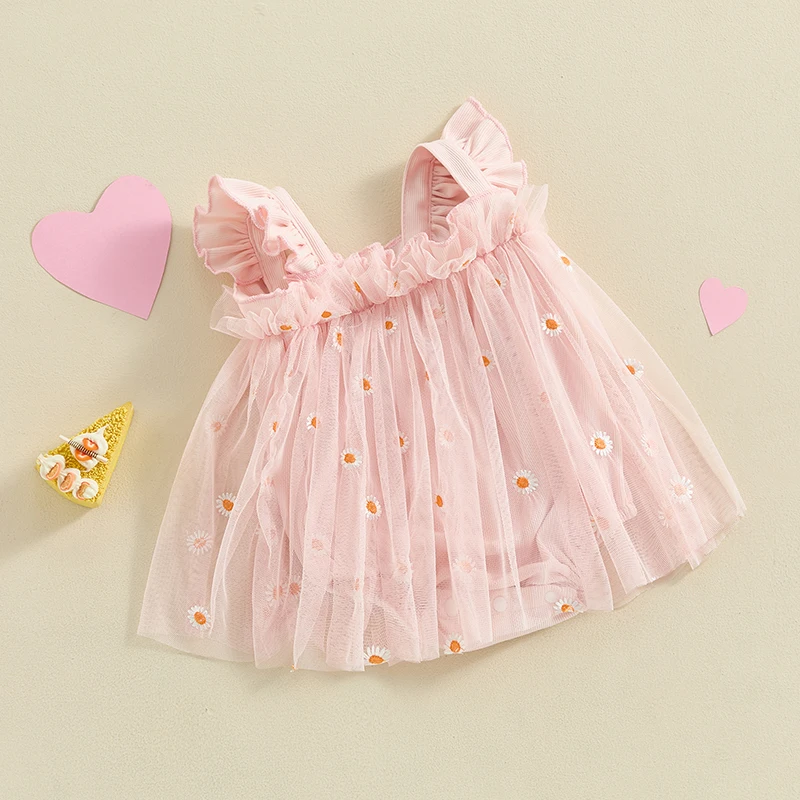 Infant Baby Girl Tutu Romper Dress Embroidery Daisy Bodysuit Square Neck Fly Sleeve Tulle Rompers