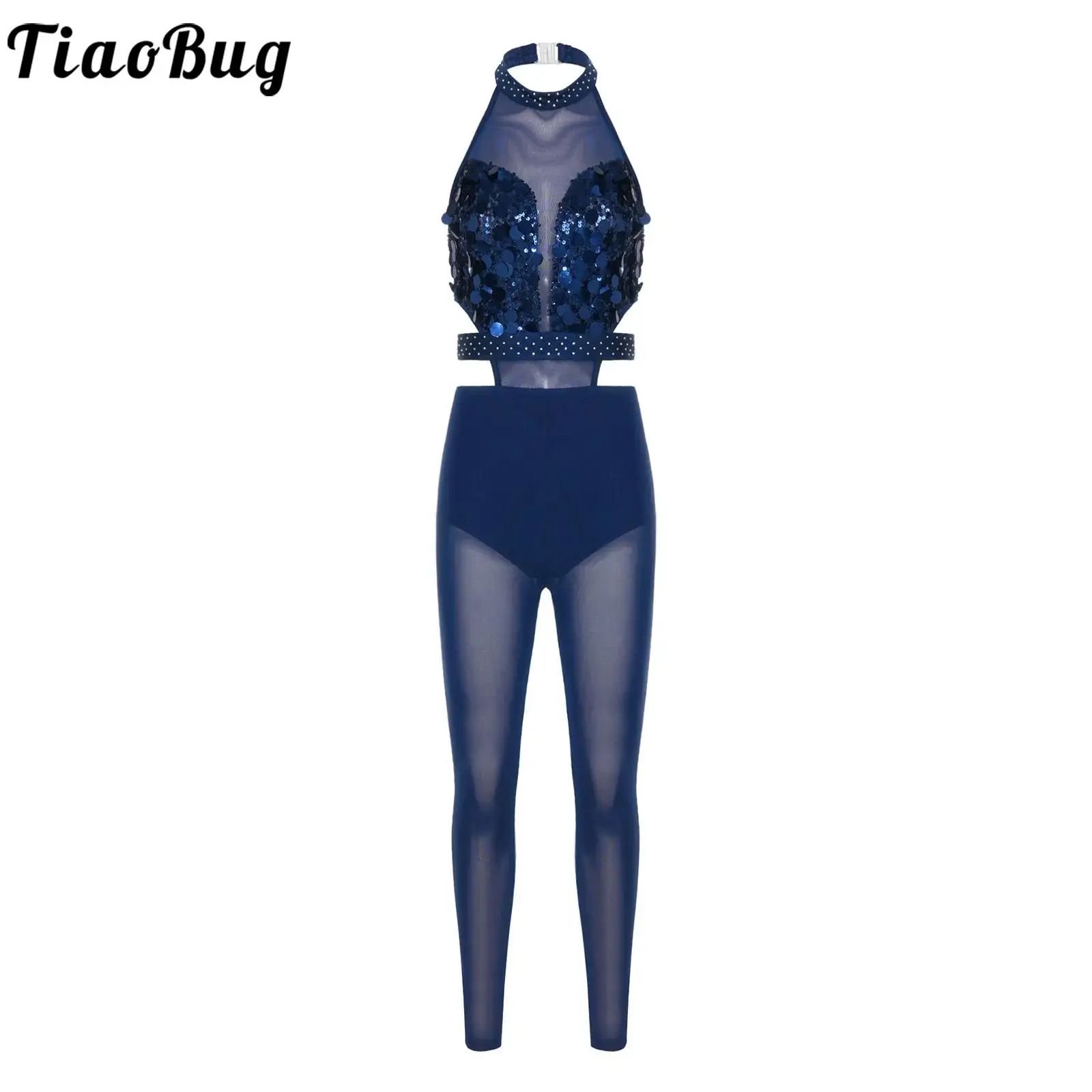 Traje de competición para mujer: mono de patinaje artístico, gimnasia rítmica y yoga con espalda descubierta, corpiño de lentejuelas y leggings de malla transparente con recortes.