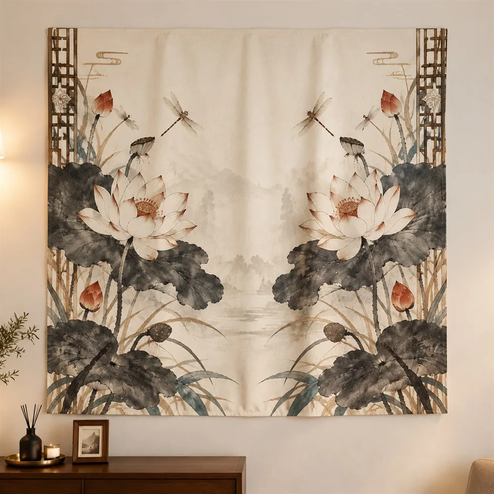VIKAMA Ink Lotus Mirror Symmetric Tapestry Wall Hanging, Oriental Wall Decor Tapestries for Living Room Bedroom Entryway