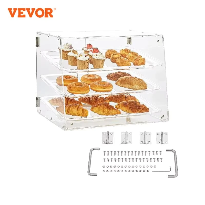 VEVOR 2/3-Tier Commercial Acrylic Pastry Bakery Display Case with Rear Door Access & Removable Shelves for Donut Bagels Cake