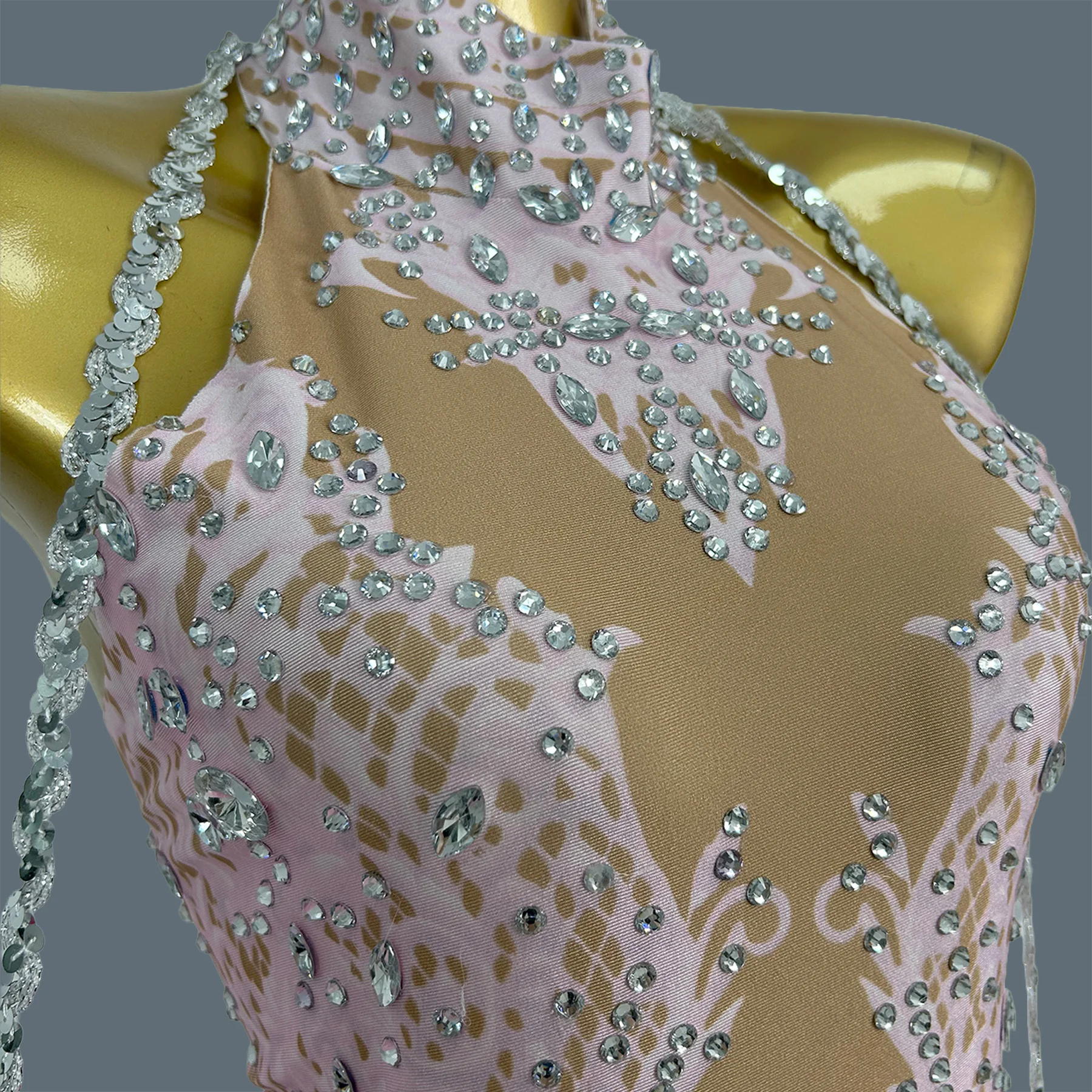 Orange Floral Rhinestone Halter Mesh Bodysuit Women Party Crystal Chain Latin Dance Club Stage Show Costume Sexy Wear Pingguo
