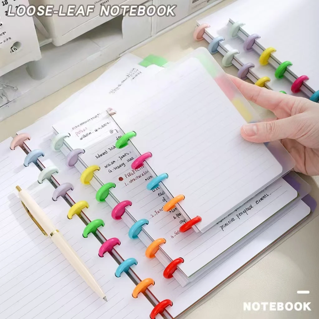 

New A5 Mushroom Buckle Strap Binder, Refillable 8 Round Ring Binder Notebook,with 5 Colored Plastic Separated Index Pages，80/160