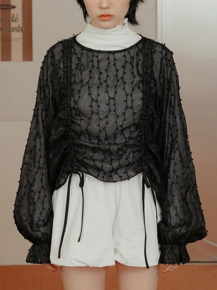 

QUEENOP Spring Summer New Women's Transparent Lace Svel Top Dstring Pleated Design Breathable Comfortable Polyester