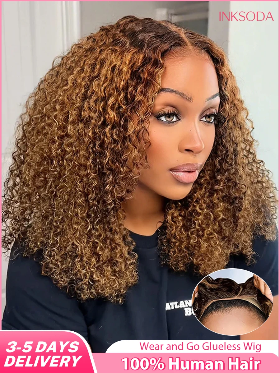Parrucca Bob Capelli umani Evidenziare 5x5 HD Parrucca con chiusura in pizzo Ricci corti 427 Parrucca a onde profonde senza colla color miele biondo per donne nere