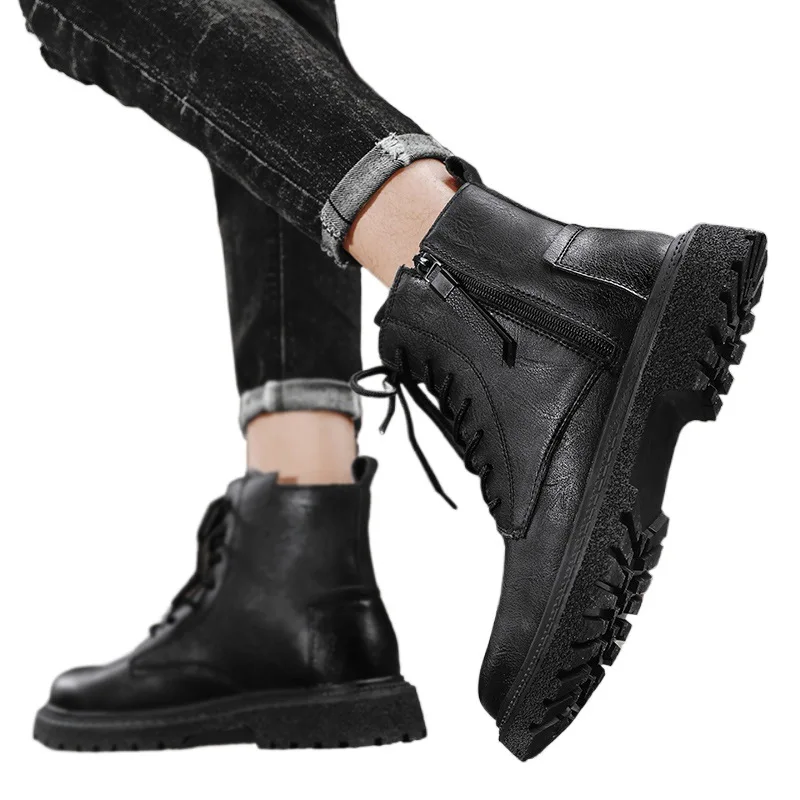 أحذية رجالية عالية الجودة أحذية جلدية كاجوال شتوية من Thi Bot Heightening Bla Workwear أحذية للدراجات النارية #5