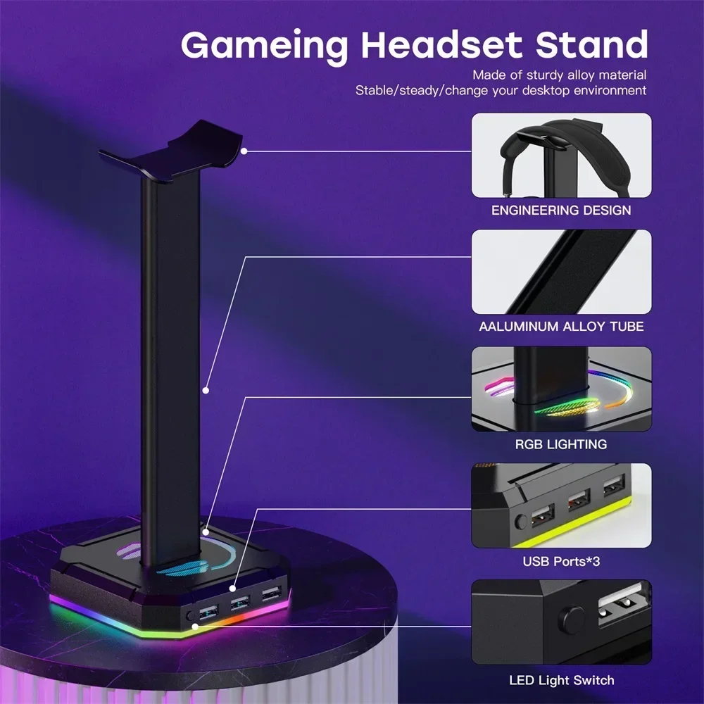 Rak penahan Headphone, Headset mendukung dudukan hemat ruang Desktop Organizer braket vertikal RGB lampu latar