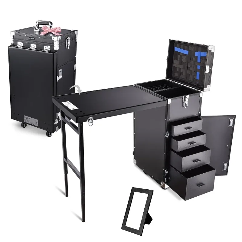 Rolling Manicure Table Foldable Nail Table Makeup Train Case Tattoo Station Portable Nail Desk Workstation with 4 Drawers，Black