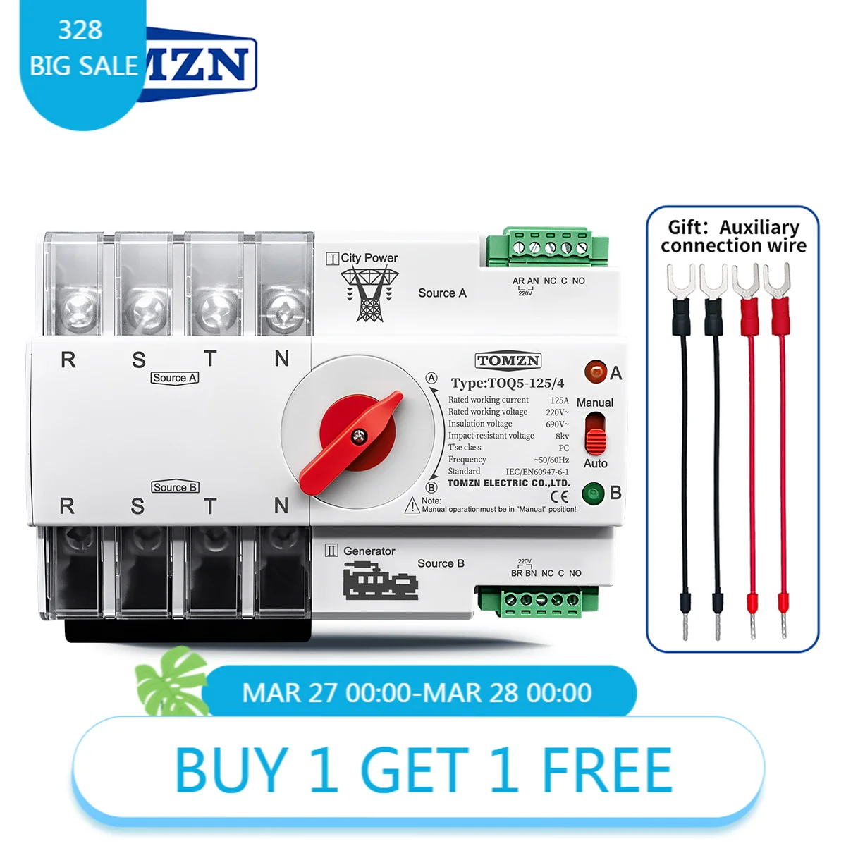 TOMZN 4P 3 Phase Din Rail ATS Dual Power Automatic Transfer Switch, 63A/100A/125A Uninterrupted Electrical Selector Switch