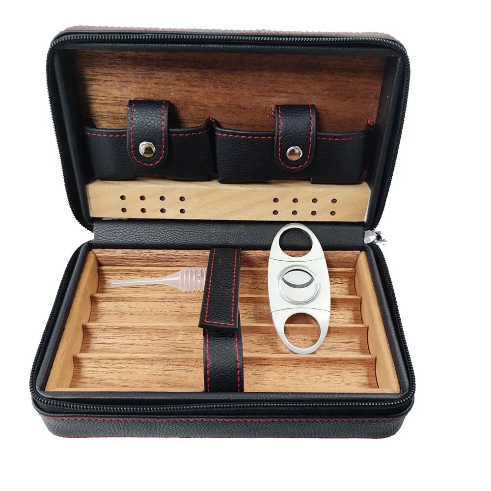 Cigar Case Travel Leather Cigar Box Storage of 4 Cedar Wood Cigar Humidor Kit Portable Cedarwood Humidifying Holder Accessories