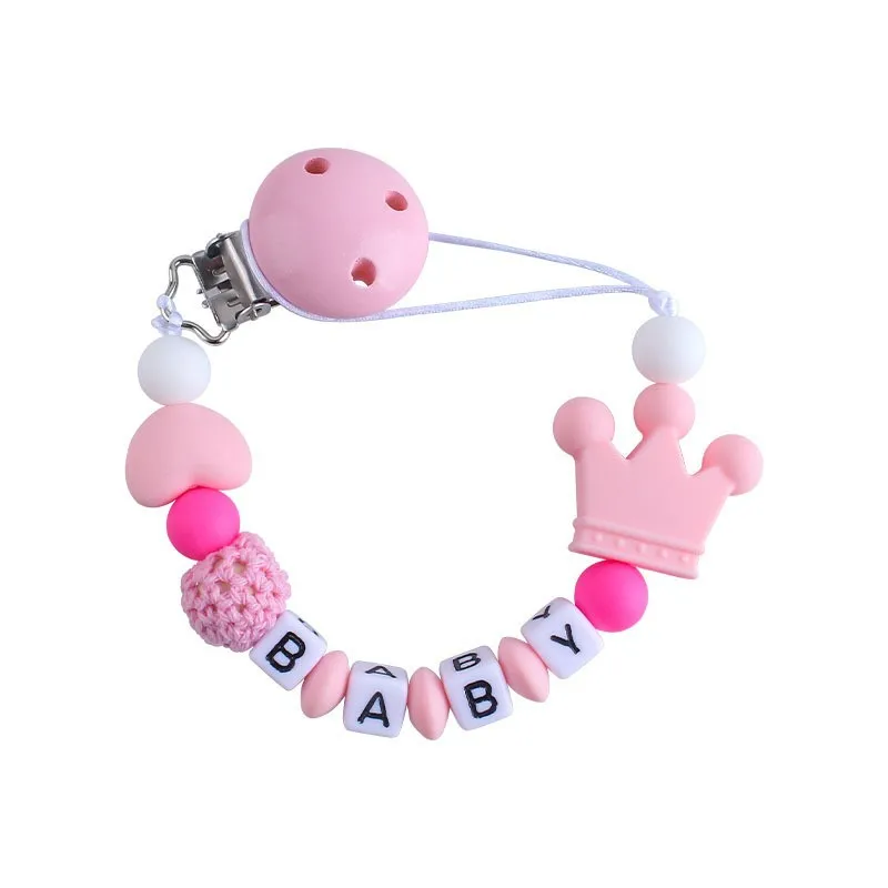 Handmade free personalized name silicone baby pacifier clip silicone crown Heart-shaped pacifier chain holder baby safe teethin