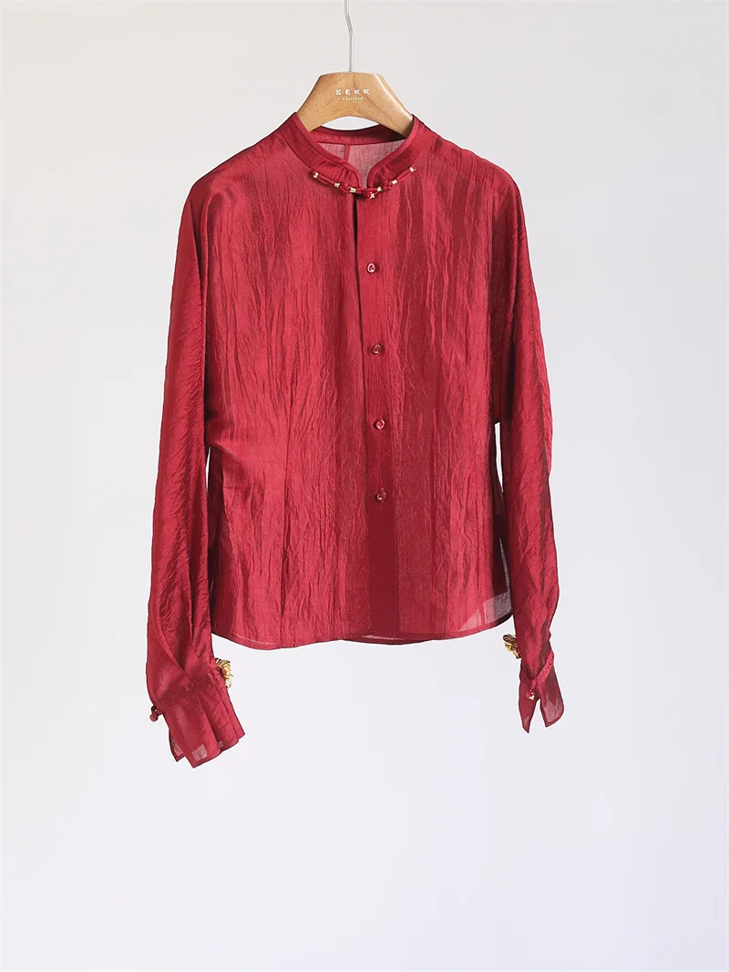 

Acetate Fiber Women's irt Chinese Sle Stand Collar Batwing Sve Mixed Sle Celebration Red irt Texture Folded Design