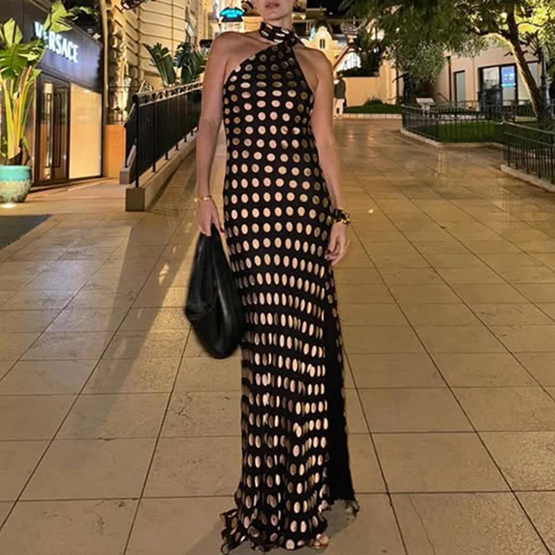 

Fashion Sleeveless Slim Robe Dress New Polka Dot Print Backless Evening Dress Women Elegant Halter Hollow High Waist Long Dress