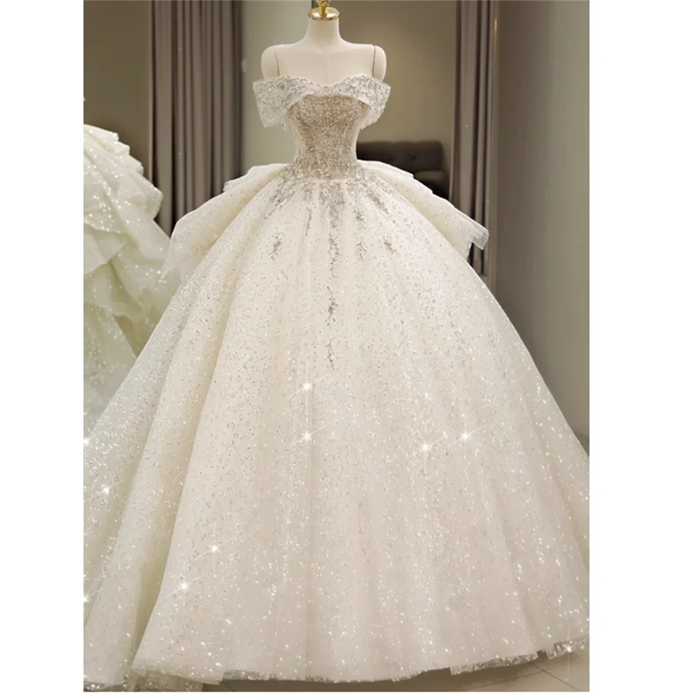 Luxury Strapless Pearls Wedding Dresses Women Exquisite Sequined Beading Customized Bridal Gowns Formal Party Vestidos  004