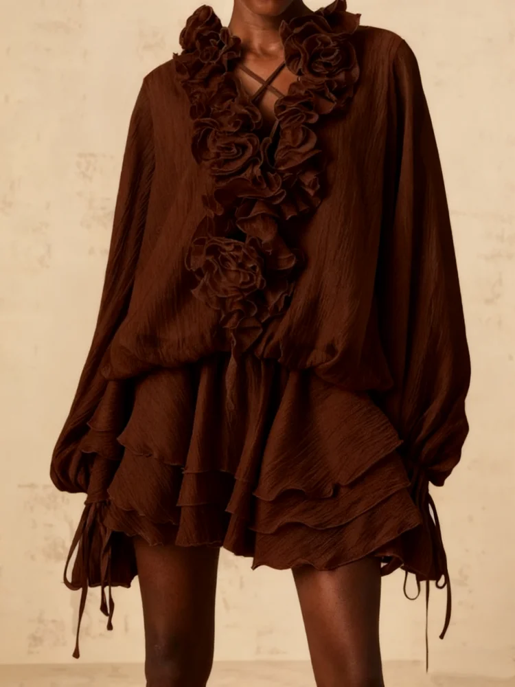 

Sexy V Neck Lace-up FLower Mini A-line Dress With Shorts Women Long Sleeves Patchwork Ruffles Folds Slim Dresses Party Cocktail