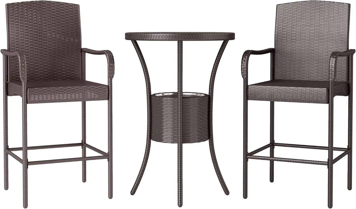 

3 Pieces Rattan Wicker Bar Set with Ice Buckets, Patio Furniture with 1 Bar Table and 2 Bar Stools for Poolside, Backyard