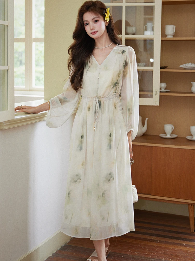 2025年新作プリントダイヤモンドVネックロングドレス レディース エレガントカジュアルホリデードレス 春秋 韓国風ボディコンボウバンデージドレス プロムドレス