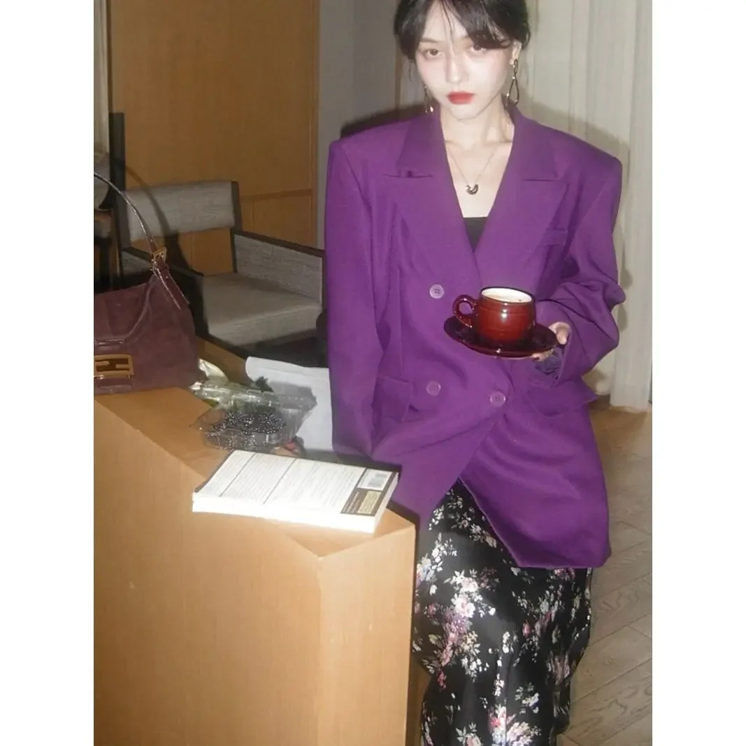 블레이저 Vintage fioletowa marynarka damska kurtka z długim rękawem biurowa, damska koreańska moda płaszcz luksusowej marki garnitury płaszcze