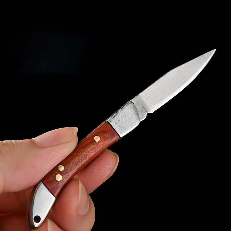 Outdoor Camping Portable Pocket Mini Folding Knife Stainless Steel Blade Wooden Handle Keychain Knife EDC Tool For Survival