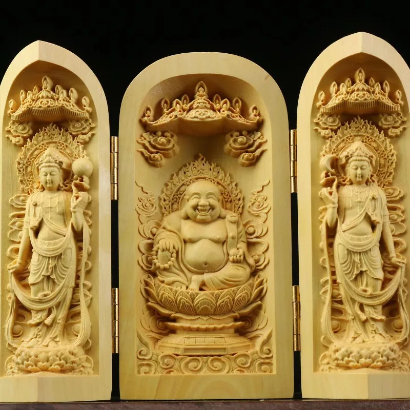 Solid Wood Carving Three Open Buddha Statue Collapsible Sculpture Living Room and Bedroom Decoration Modern Art