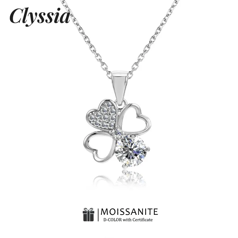 

CLYSSIA 6.0mm Moissanite Pendants Necklace 4-leaf Design for Women Wedding Party Pure 925 Sterling Silver Lady Choker Accessory
