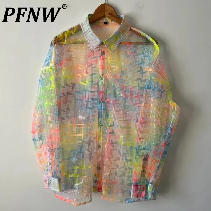 

PFNW Autumn Men's Shirts Plaid Single Breasted Perspective Long Sleeve Loose Fashion Personality Tops Turn-down Collar 21Z1976