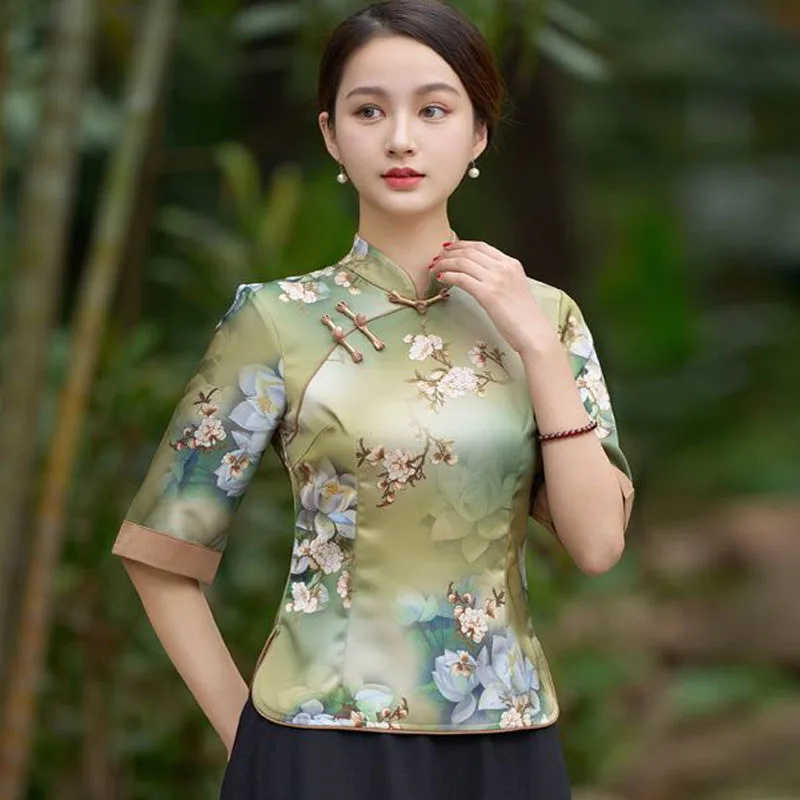 Cheongsam kadın artı boyutu üstleri 2024 yeni moda Polyester kumaş baskılar ekleme standı yaka çin tarzı Qipao gömlek kadın