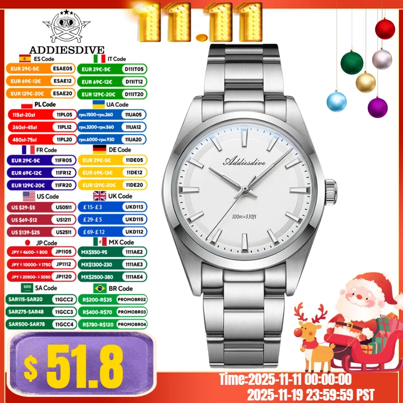 

ADDIESDIVE Hot Sale Men Dress Watch 10Bar Waterproof 316L Stainless Steel BGW9 Super Luminous VH31 Quartz Watch Reloj Hombre