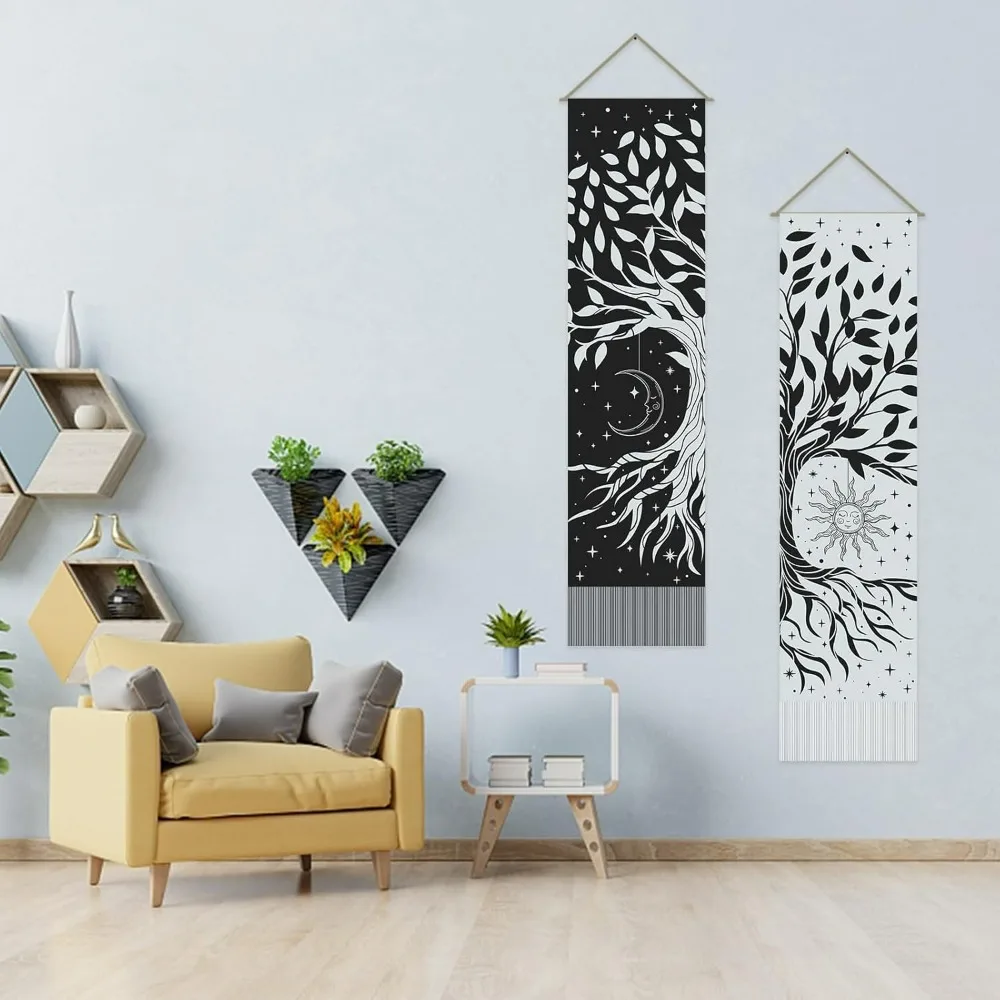 2 Pcs Tree of Life Tapestry Black and White Long Vertical Tapestry Wall Hanging Sun Moon Star Wall Tapestry Goth Mystic