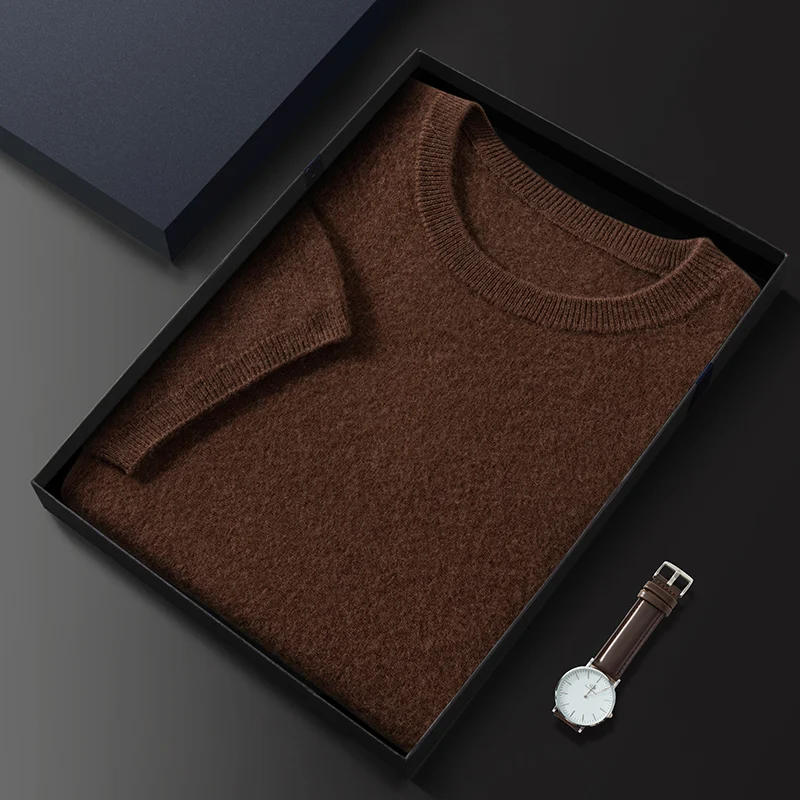 100% Pure Goat Cashmere Men's Crewneck Pullover Sweater Basic Half Sleeve Sweater Solid Color Business Casual Men's Top