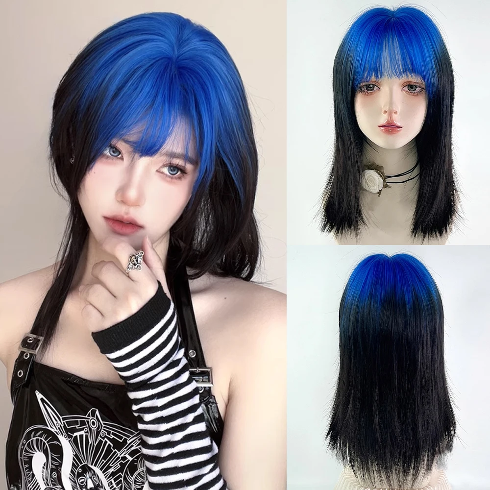 

Blue Ombre Black Synthetic Long Straight Wig with Bangs Lolita Cosplay Women Fluffy Wig for Daily Party