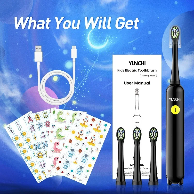 Yunchi Children's Electric Toothbrush K5 Rechargeable Waterproof 2 Mins Timer 3 Clean Modes 4 Soft Hair Cleaning Brush 4 Sticker