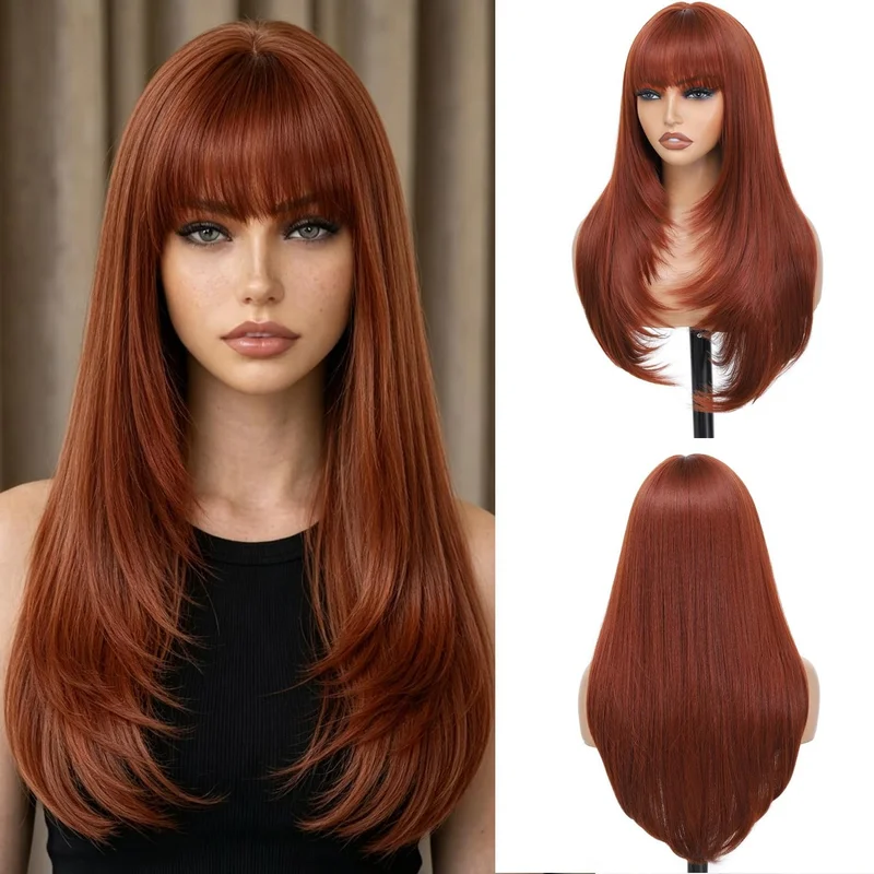 Auburn Layered Wig with Bangs 26 Inch Long Wavy Auburn Wigs for Women Heat Re...