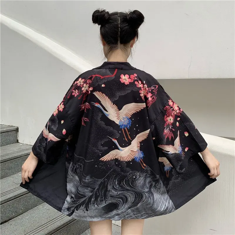 

Chinese-style haori modified Japanese-inspired loose sun protection coat crane print vintage unisex cardigan thin coat for femal