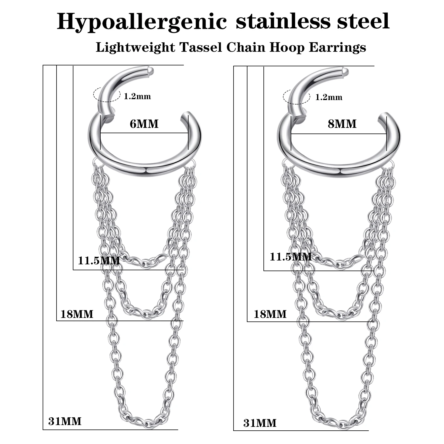 16G Surgical Steel Cartilage Hoop Helix Piercing Jewelry with Chain Dangle Earrings for Women Girls