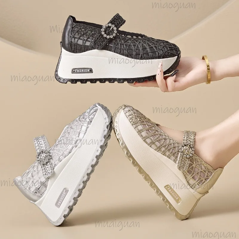 Mesh Mary Jane Platform Wedge Shoes Women's Hollow Fishnet Rhinestone Buckle Strap Round Toe Thick Sole Casual Elevator Sneakers