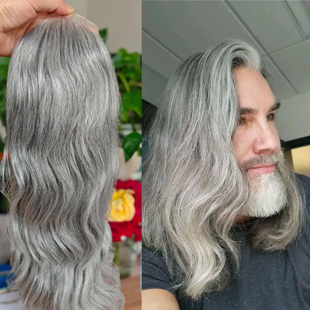 Long Body Wave Toupee 8x10Inch Lace Front Mono PU 13inch Hair System Wigs with Mixed 1B Human Hair And 80% Synthetic Hair