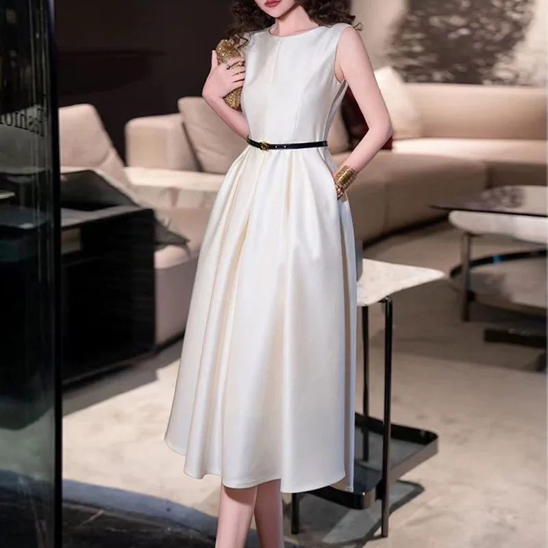 

French elegant sleeveless Midi Dresses women O Neck slim fit Party Dress with Belt casual Vestidos Female summer 2025