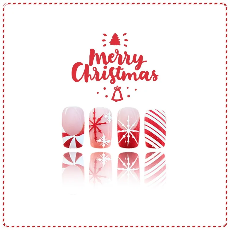 24개 가짜 손톱 크리스마스 테마의 빨간색과 흰색 색상이 블록된 손톱과 빨간색과 흰색 눈송이 사탕 디자인 프레스온 네일