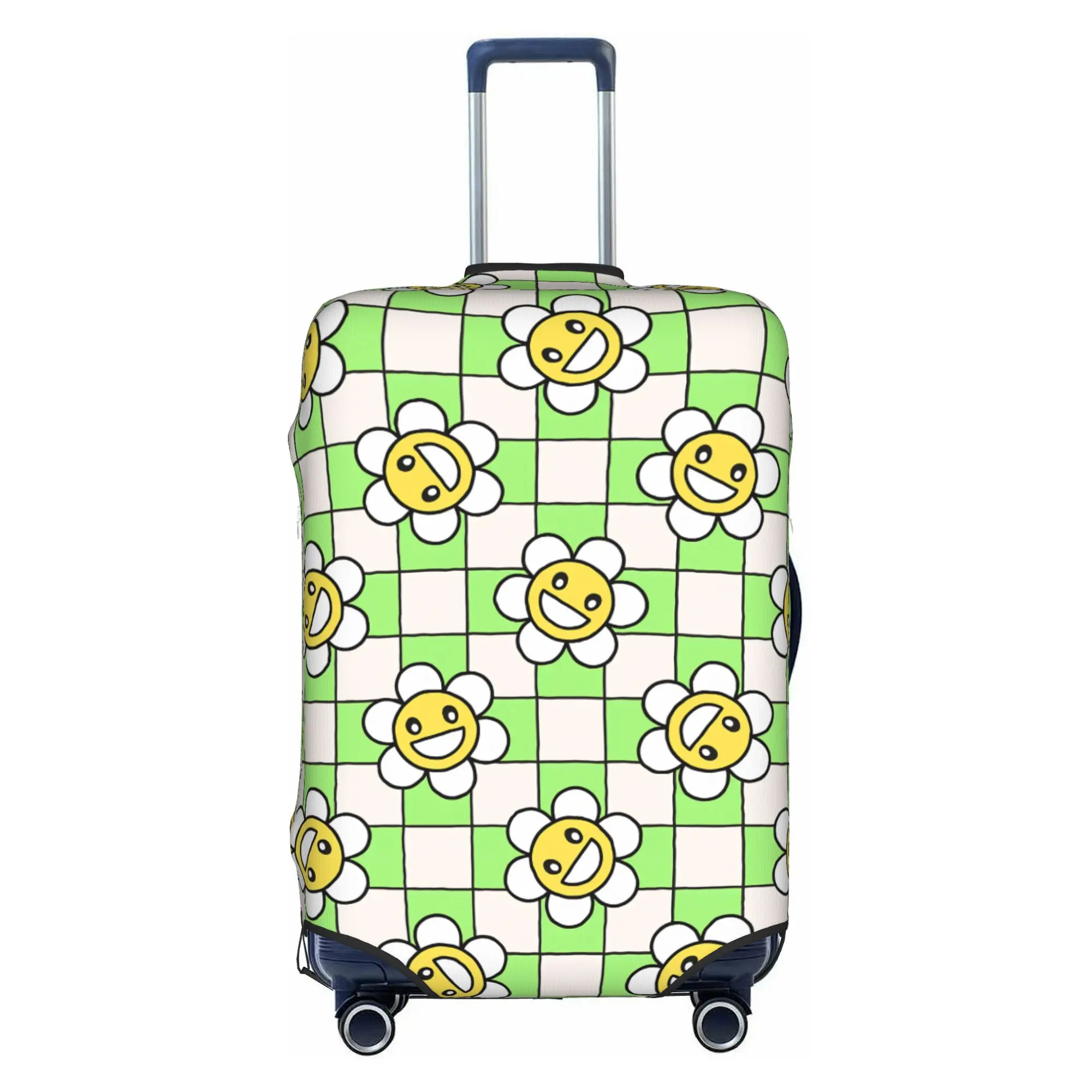 Funda protectora para equipaje con diseño de flor de margarita Happy Face, funda protectora para maleta a cuadros verdes a la moda, apta para 18-32 pulgadas