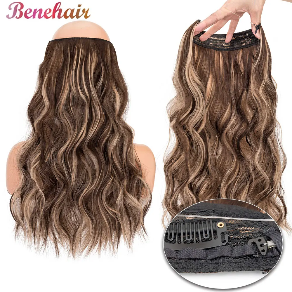 

BENEHAIR 20inch Invisible Wire Hair Extensions with Thinner Softer Lace Weft Adjustable Size Clips in Wavy Secret Hairpieces