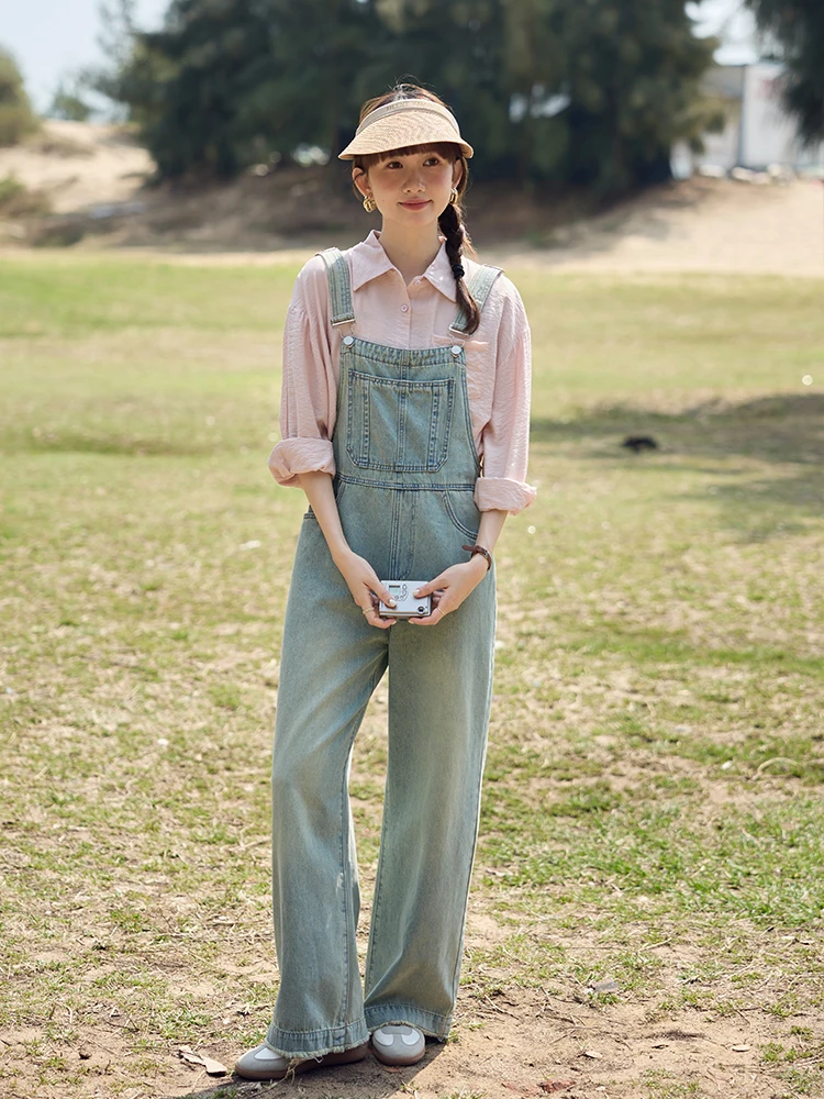 

Retro High Waist Wide Leg Denim Overalls Women's Spring Summer Loose Casual Straight Hem Long Pants Blue Waed Outwear