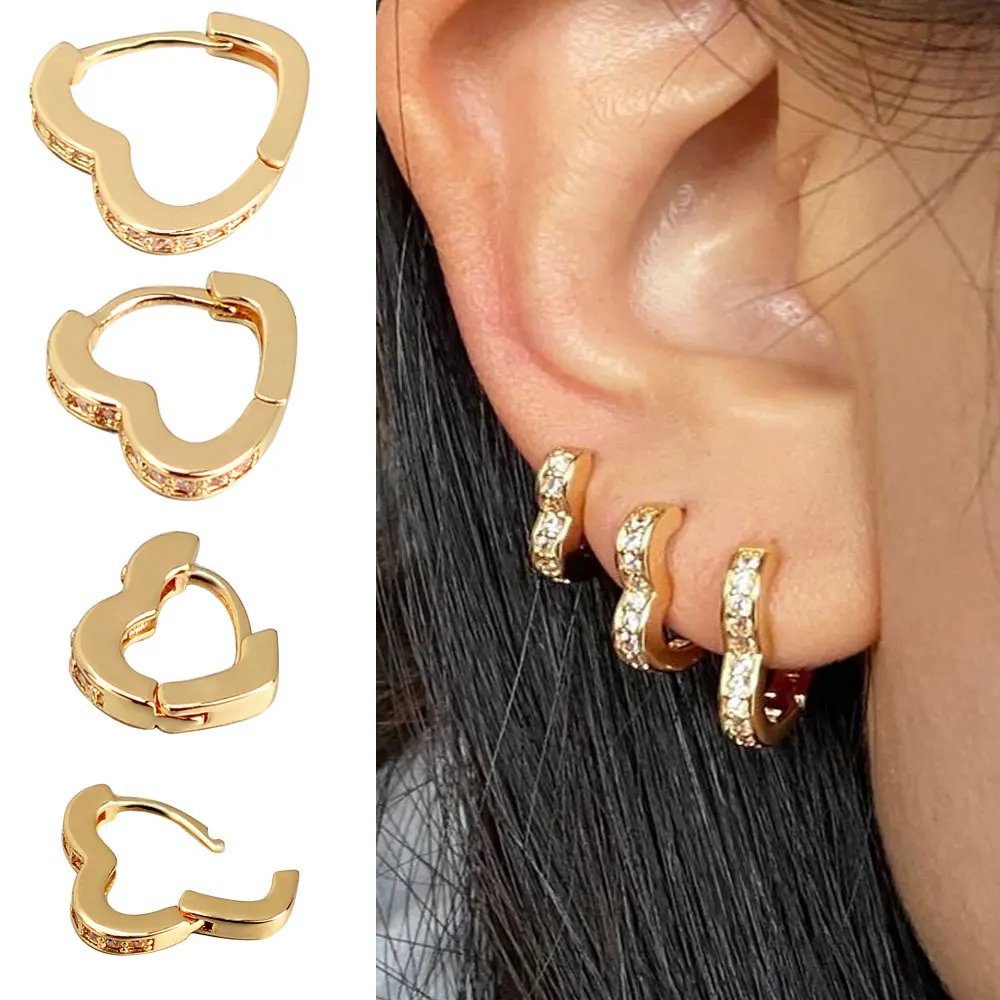 New High Quality Luxury Women Small Heart Geometry Hoop Earrings Dazzling Micro Paved CZ Stones Versatile Female Fashion Jewelry