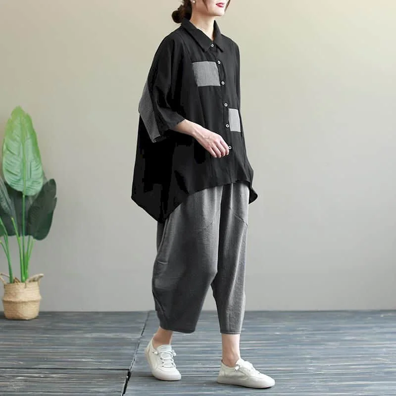 Pants Set Casual Oversized Quarter Sleeve Irregular Shirts Elastic Waist Harem Pants Korean Style Two Piece Sets Women Outfits