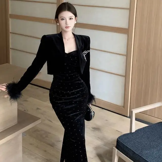 

Элегантный роскошный бархатный пиджак со стразами, бархатный камзол, длинное платье, модный комплект из двух предметов для женщин и дам