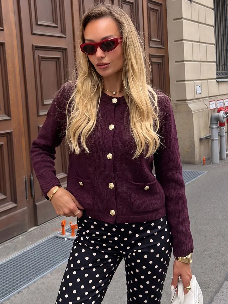 HH Vintage Women Solid Slim Pockets Cropped Elegant Party Top Long Sleeve Single Breasted O Neck Casual Autumn Vacation Cardigan