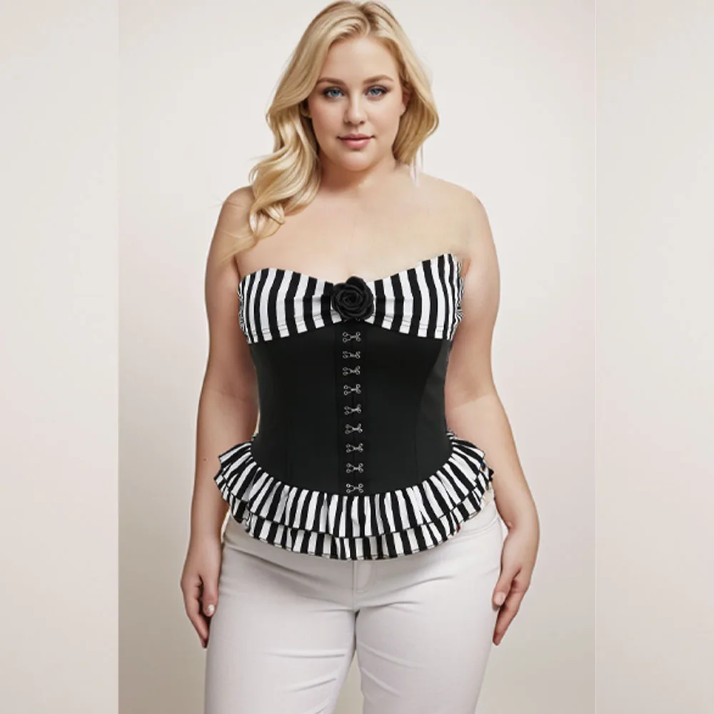 ﻿ROSEGAL Gothic Corset Wireless Seamless Bodysuits Women Spring Summer Flower Lace Up Striped Ruffles Corset Black Plus Size