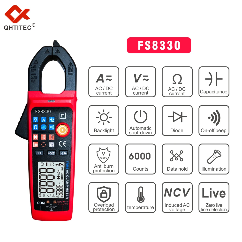 QHTITEC Digital Clamp Meter Multimeter FS8330 AC Current Ammeter DC Voltage Amperimetric Tester Capacitance Diode NCV Auto Range